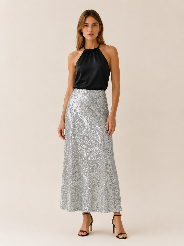 Black Sequin Maxi Skirt with Elastic Waist – angled view
