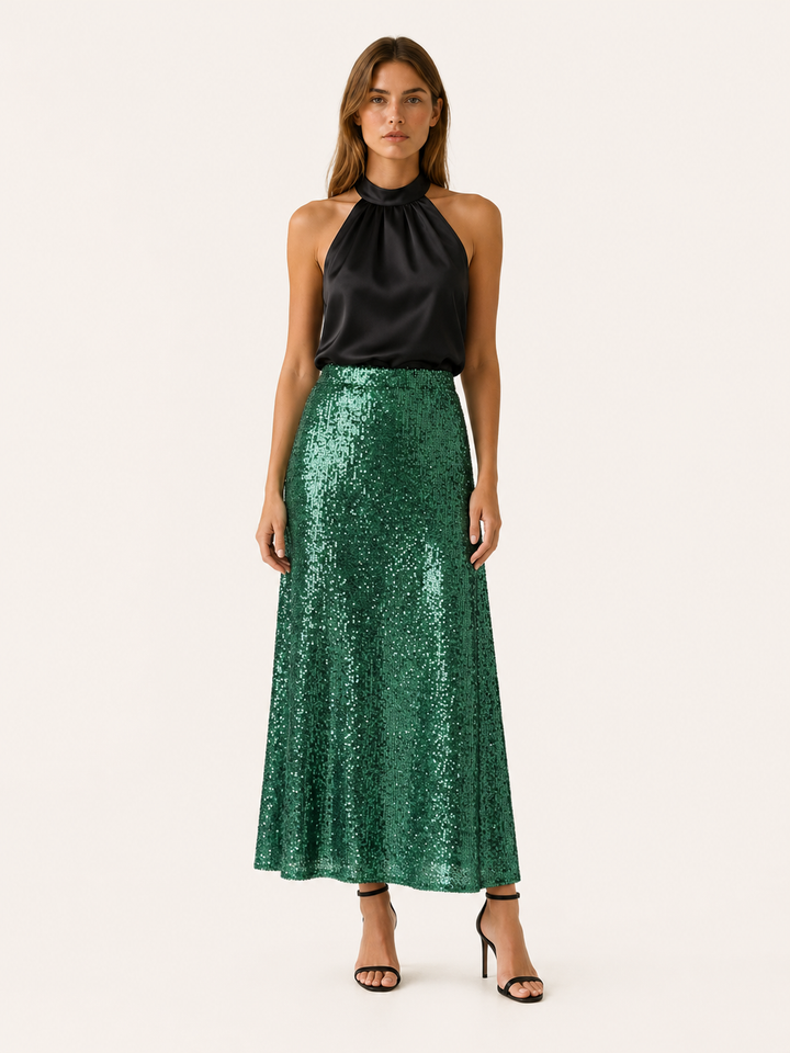 Silver Sequin Maxi Skirt with Elastic Waist – model view