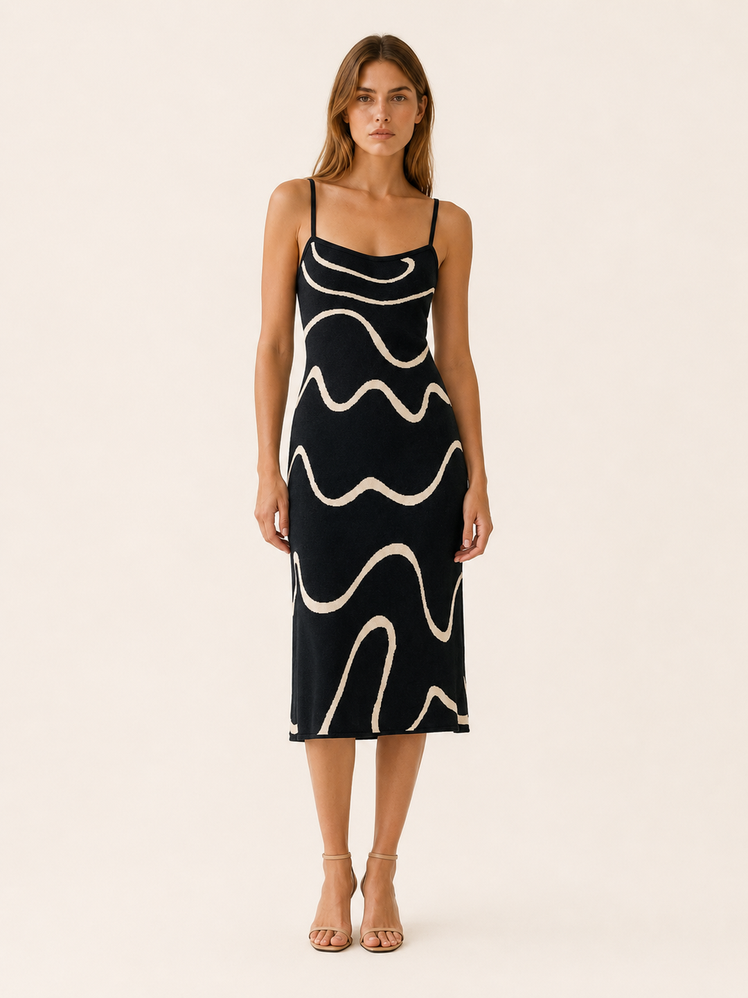 Black Knit Midi Dress with Wave Pattern – front view
