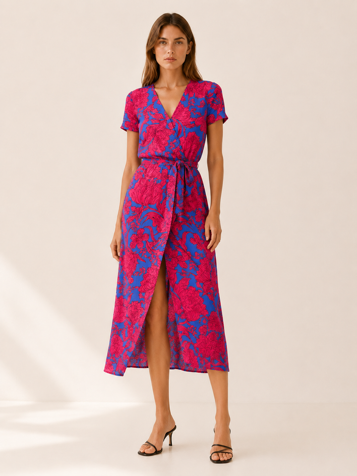 Blue Floral Midi Dress with Wrap Front – detail view