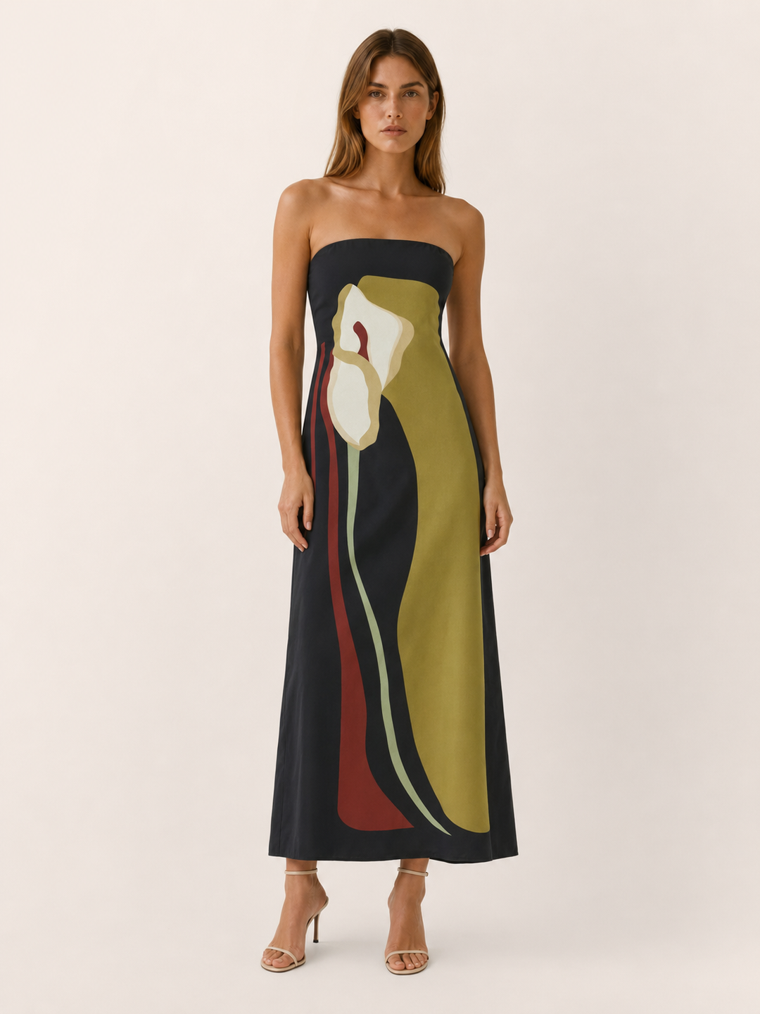 Green Strapless Maxi Dress with Abstract Floral Print – front view