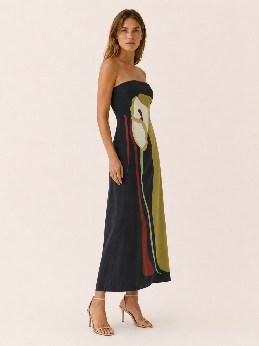 Green Strapless Maxi Dress with Abstract Floral Print – side view