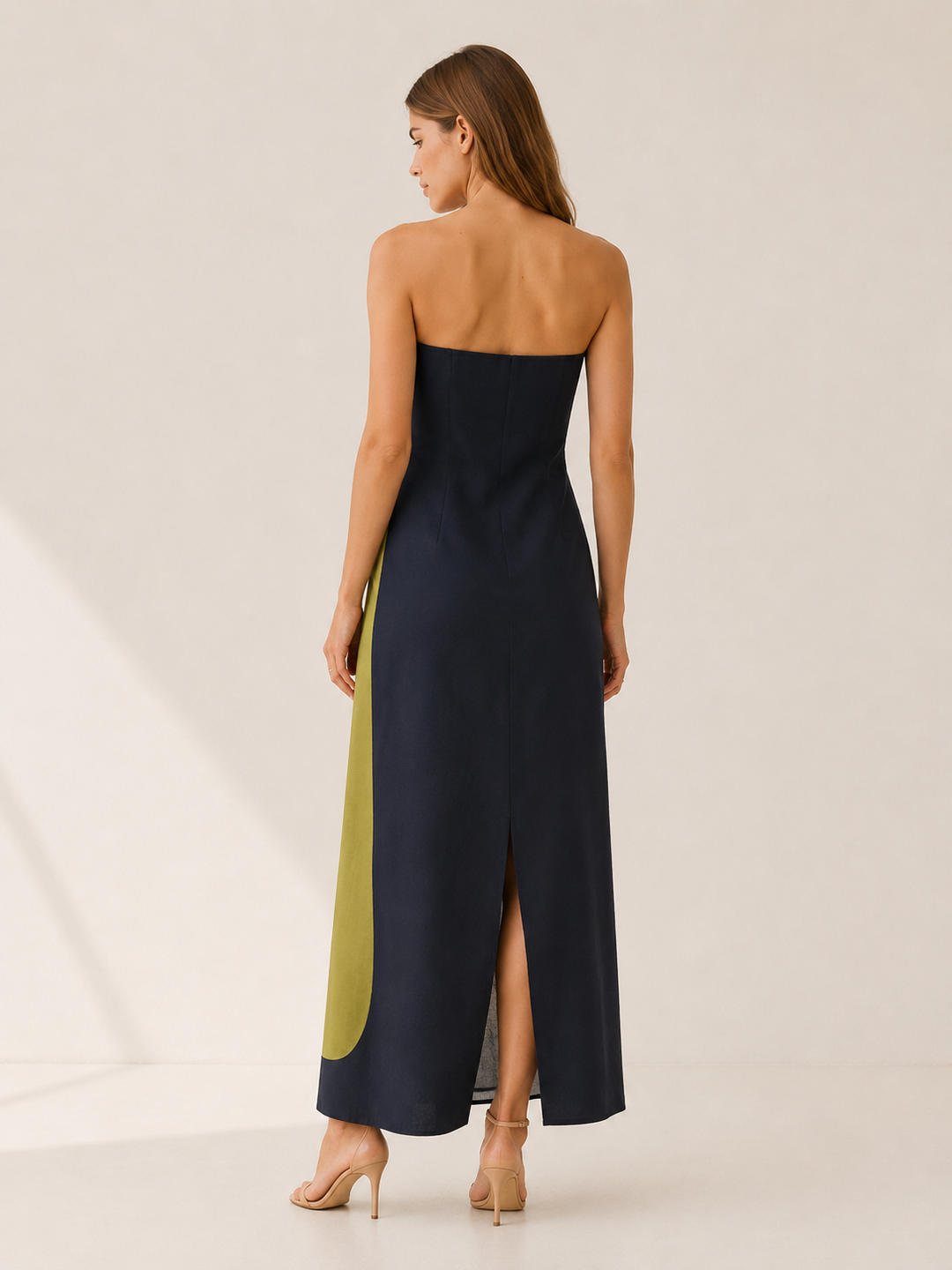 Green Strapless Maxi Dress with Abstract Floral Print – back view