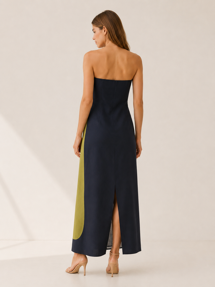 Green Strapless Maxi Dress with Abstract Floral Print – back view