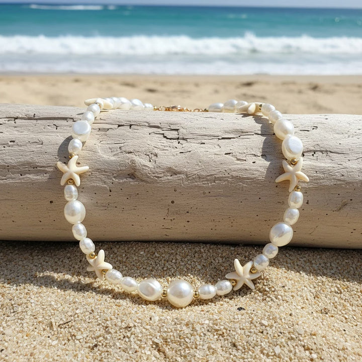 Close-up of the layered pearl strands