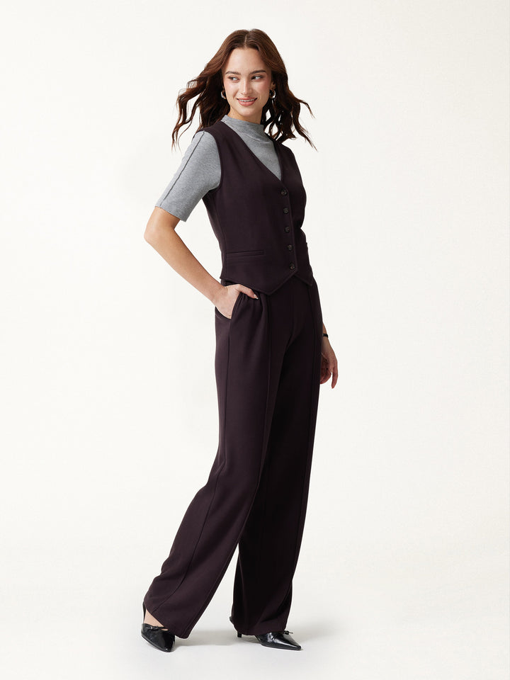 2Pcs Set Friendly Sleeveless Cropped Vest & Mid-Rise Pintuck Pants with Pockets