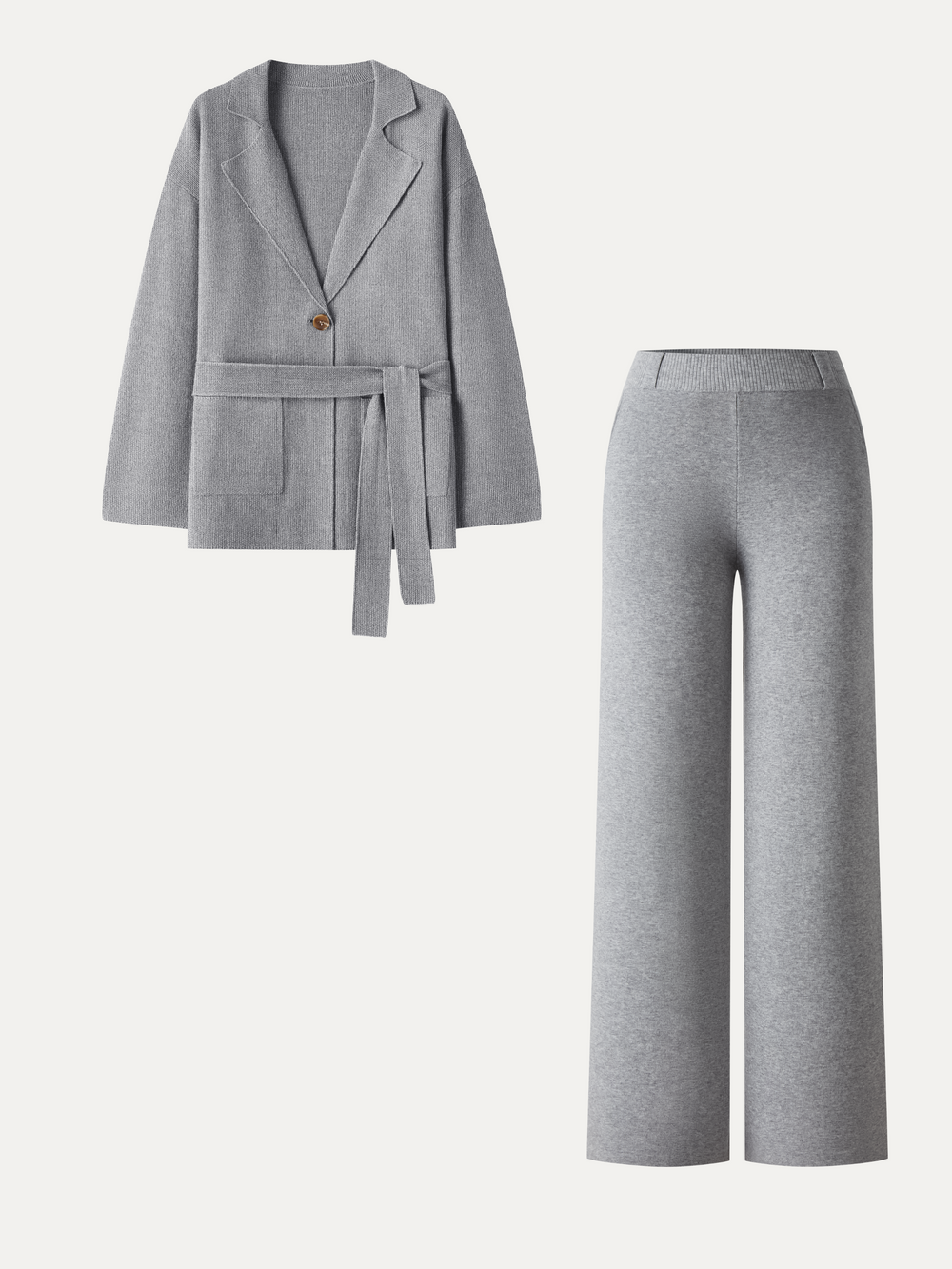 2Pcs Set Peaked Lapel Long Sleeve Belted Cardigan with Pockets & Mid Rise Straight-Leg Pants with Pockets — women's women > bundles&sets > bundles, back view