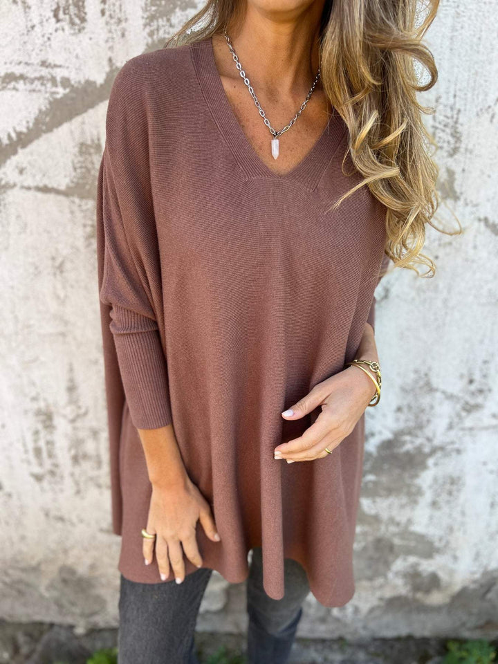 Grace Comfortable V-neck Long Sleeve Sweater — back view