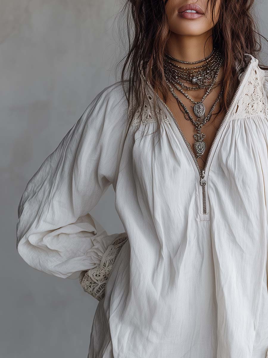 Vintage-style Zip-up Collar Lace-trimmed White Mini Dress | Harry & Kate London