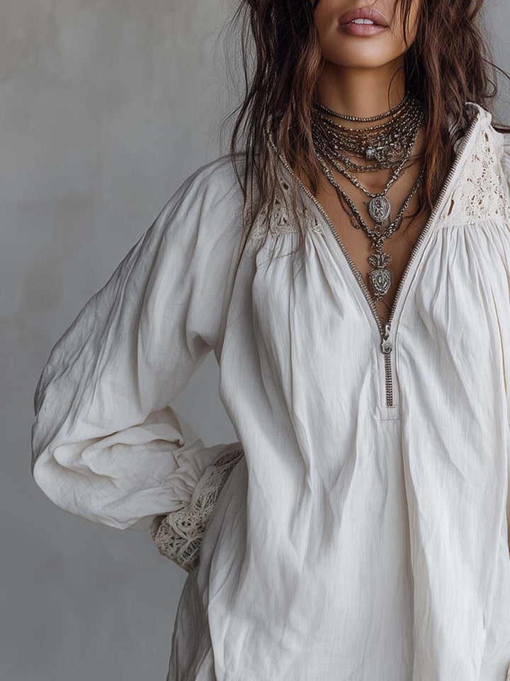 Vintage-style Zip-up Collar Lace-trimmed White Mini Dress | Harry & Kate London