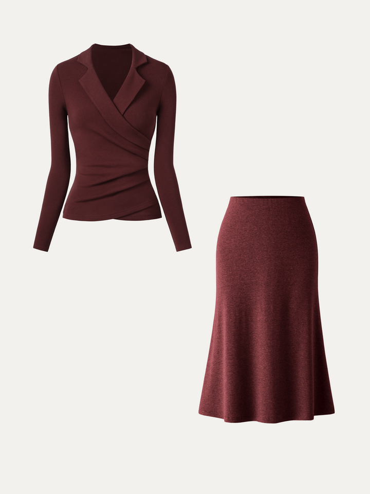 2Pcs Set ProWarm Collared Surplice Top & Soft Thermal Pull-On Midi Skirt