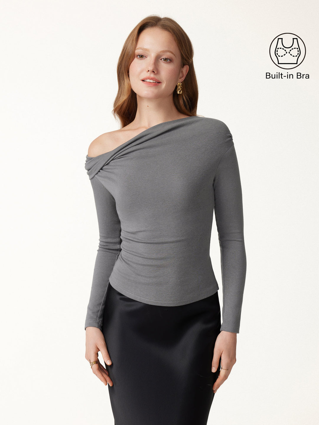 2Pcs Set Prowarm Neck  Built-In Bra Top 3.0 & Mid-Rise Ruched Flared Midi Skirt