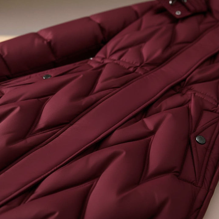 Chloe | Women's Long Quilted Hooded Coat with Cinched Waist