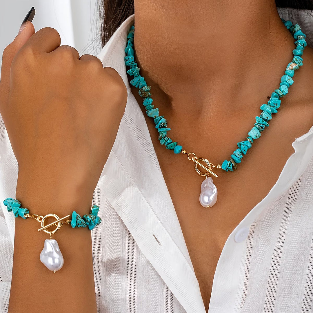 Turkos & pärlhalsband och -armband