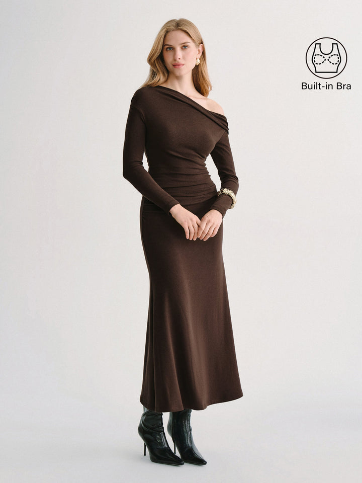 2Pcs Set Prowarm Neck  Built-In Bra Top 3.0 & Mid-Rise Ruched Flared Midi Skirt