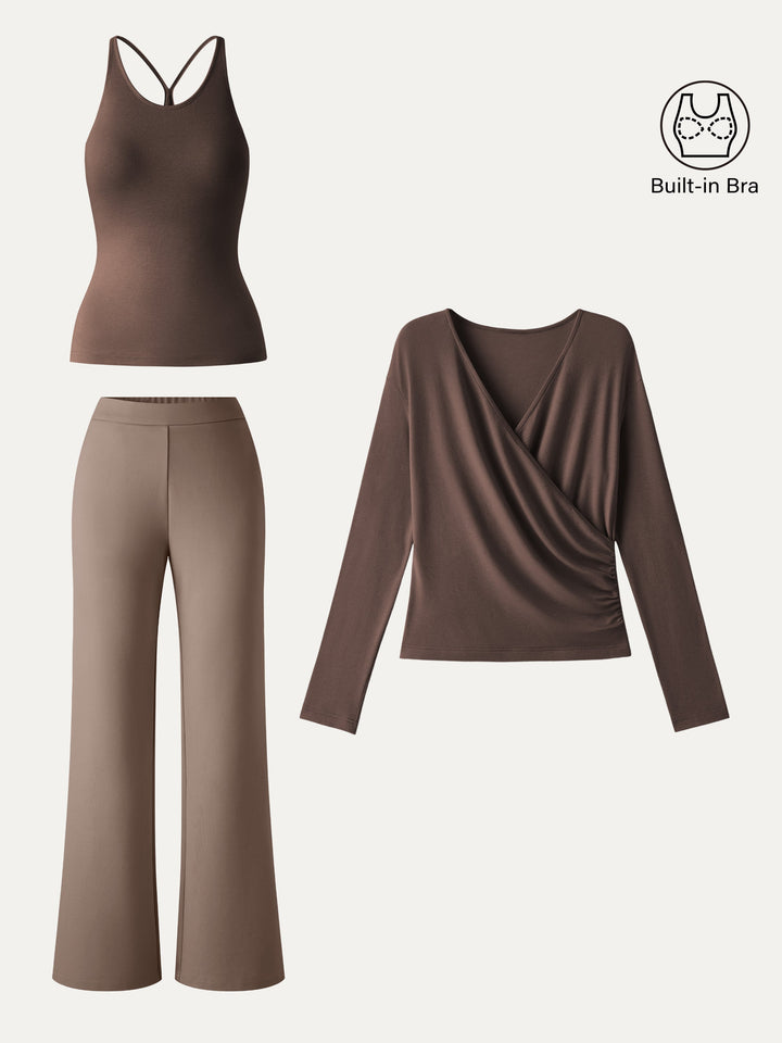 2Pcs Set Surplice Ruched Built-In Bra Top 2.0 & Slim Flared Pants with Pockets