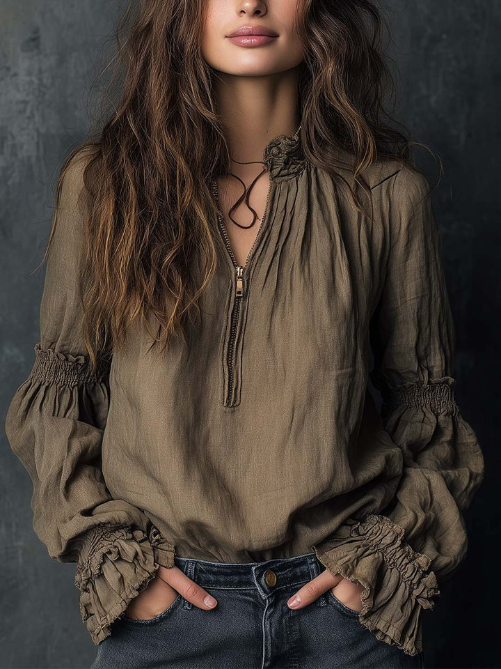 Boho Ruffled Cuff Half-Zip Blouse | Harry & Kate London