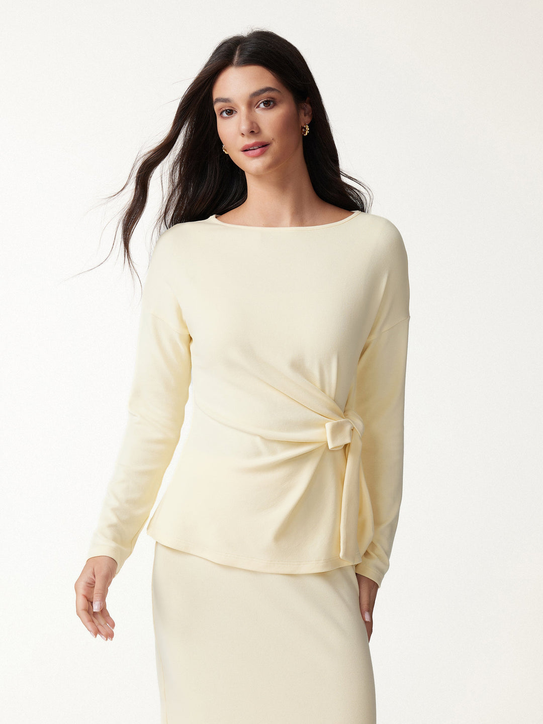 2Pcs Set LiteWarm Boatneck Long Sleeve Top & Mid-Rise Side-Slit Column Midi Skirt