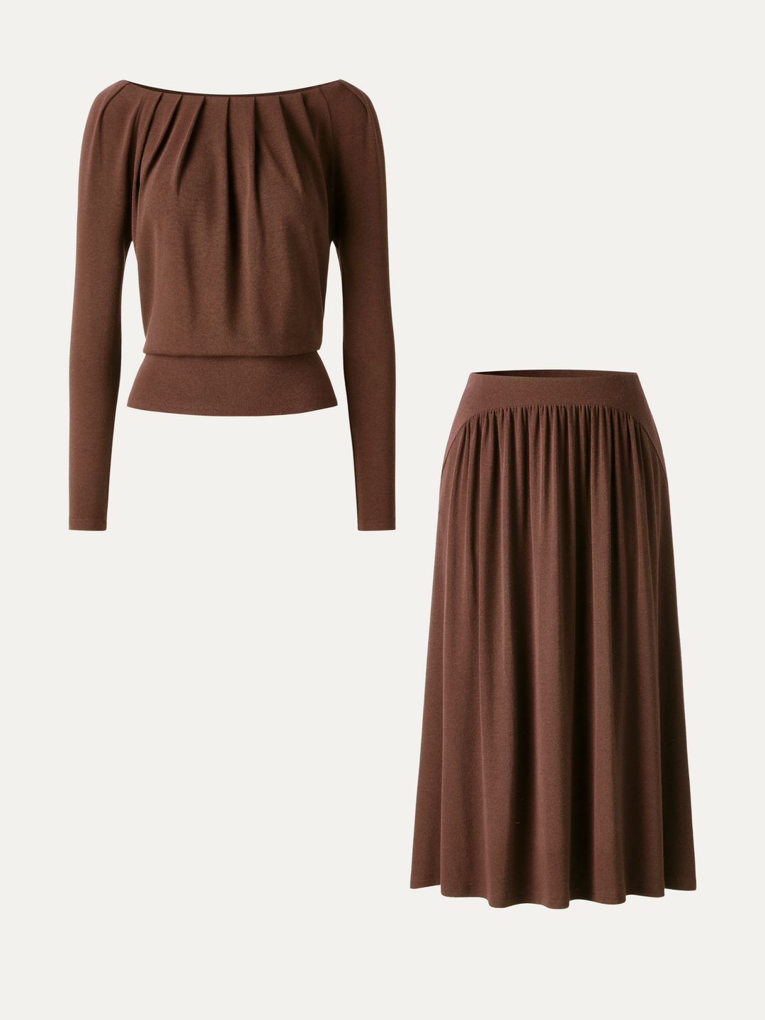 2Pcs Set LiteWarm Boatneck Long Sleeve Tucked Top & High-Rise A-Line Midi Skirt with Pockets