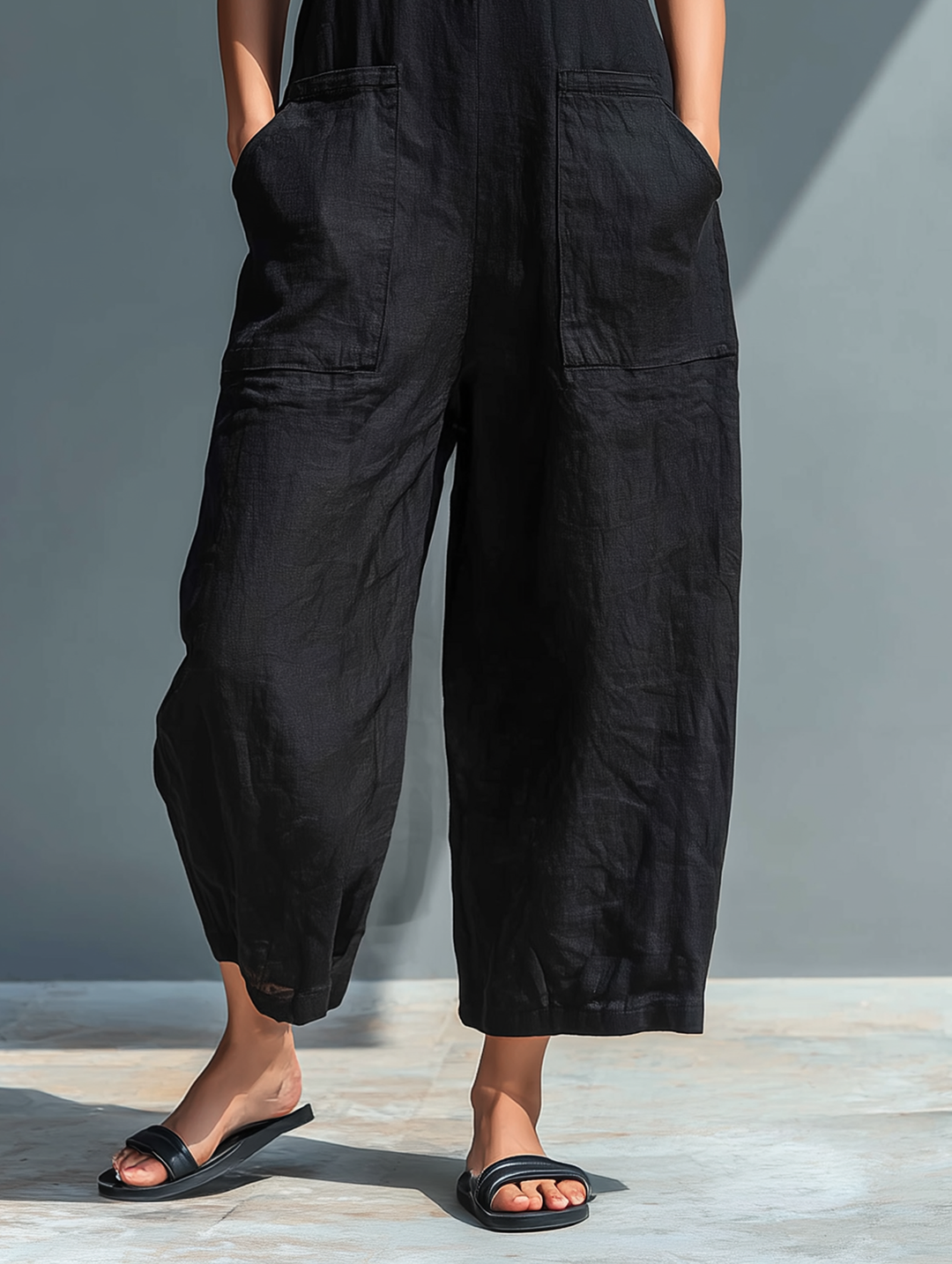 Black Sleeveless Jumpsuit — detail view
