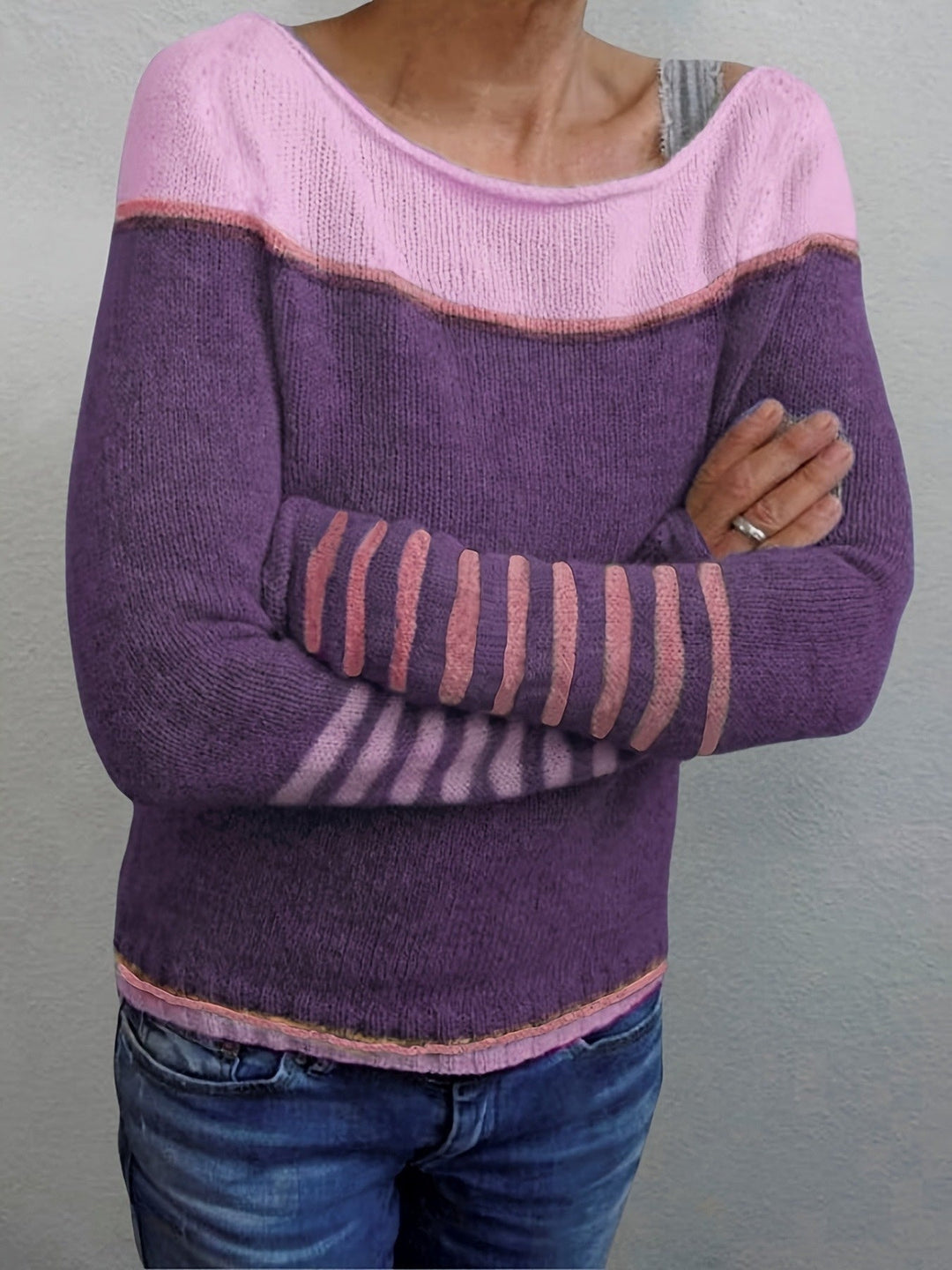 Isolde | Women's Colorblock Boat Neck Sweater with Striped Cuffs