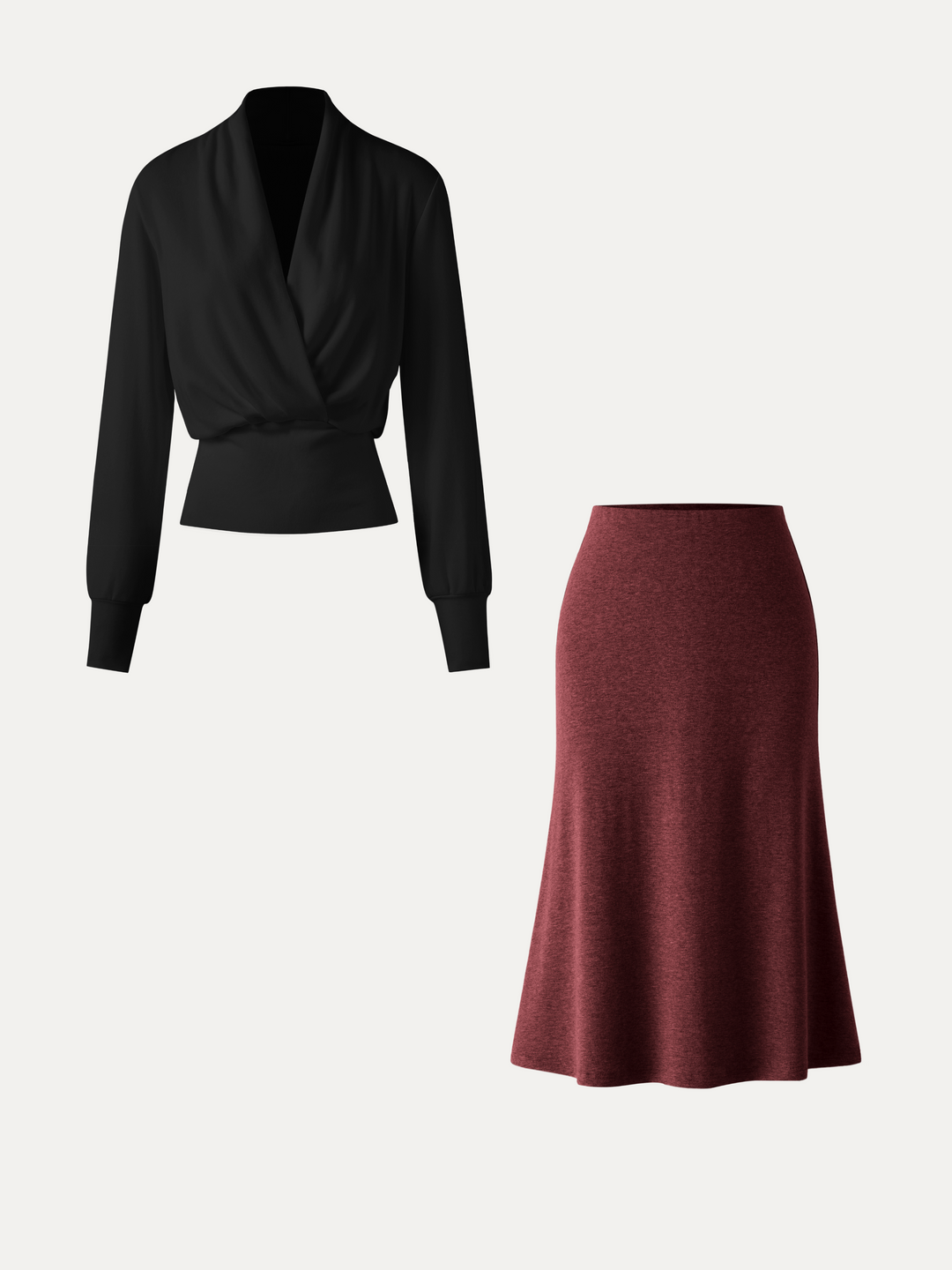 2Pcs Set LiteWarm Surplice Banded Hem Top & Soft Pull-On Midi Skirt