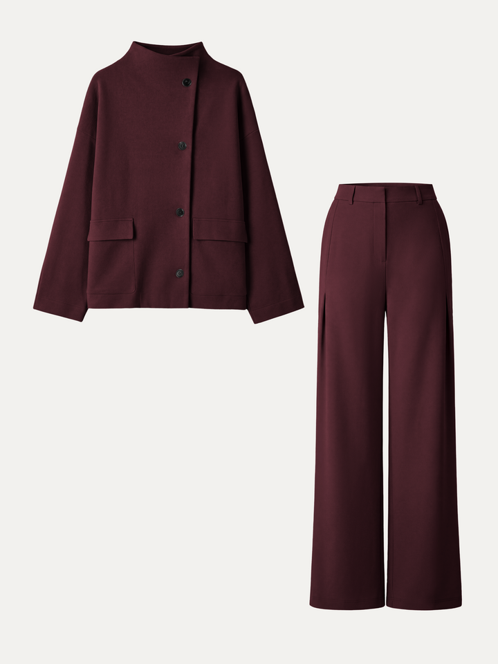 2Pcs Set FuzzLuxe Mock Neck Long Sleeve Jacket with Pockets & High-Rise Wide-Leg Tuck Pants with Welt Pockets