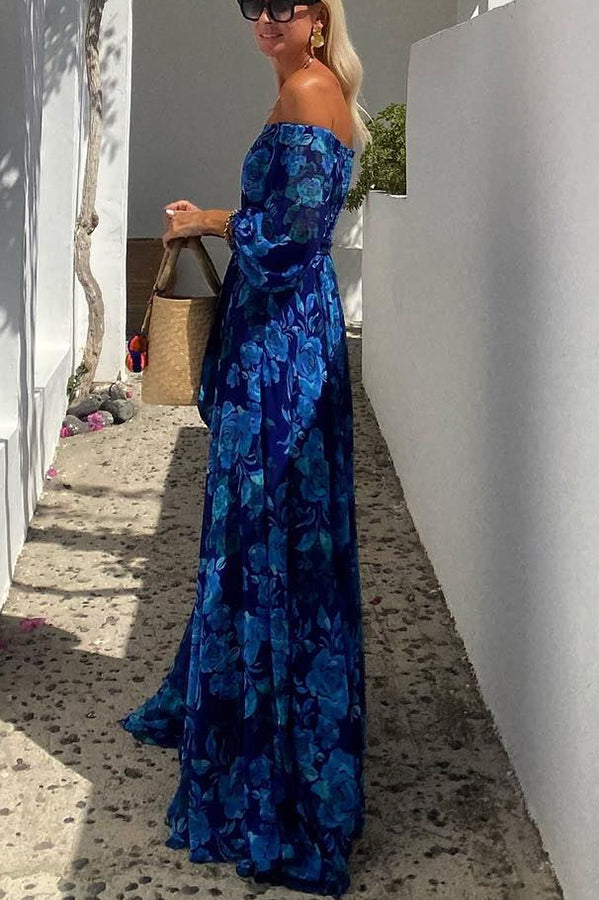 Francesca - Long dress with floral print and off-the-shoulder sleeves — back view
