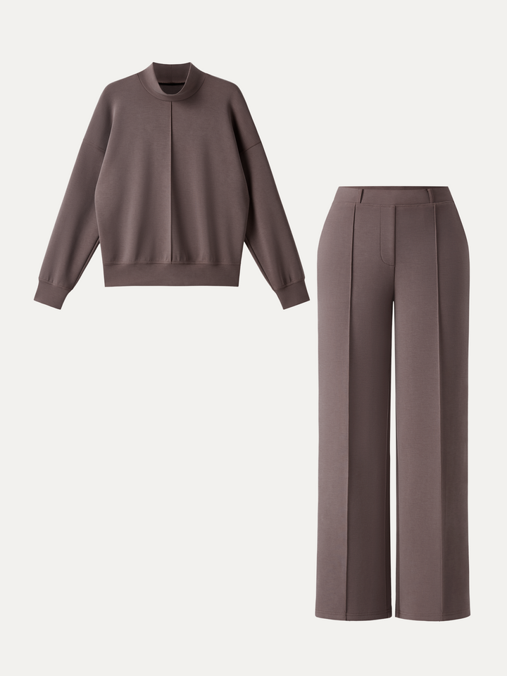 2Pcs Set Mockneck Pullover Shirt & Mid Rise Straight Leg Pants with Pockets