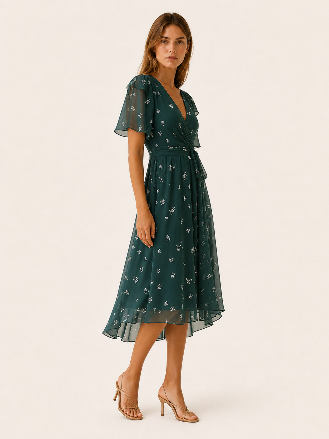 Blue Floral Midi Dress with Wrap Front – side view