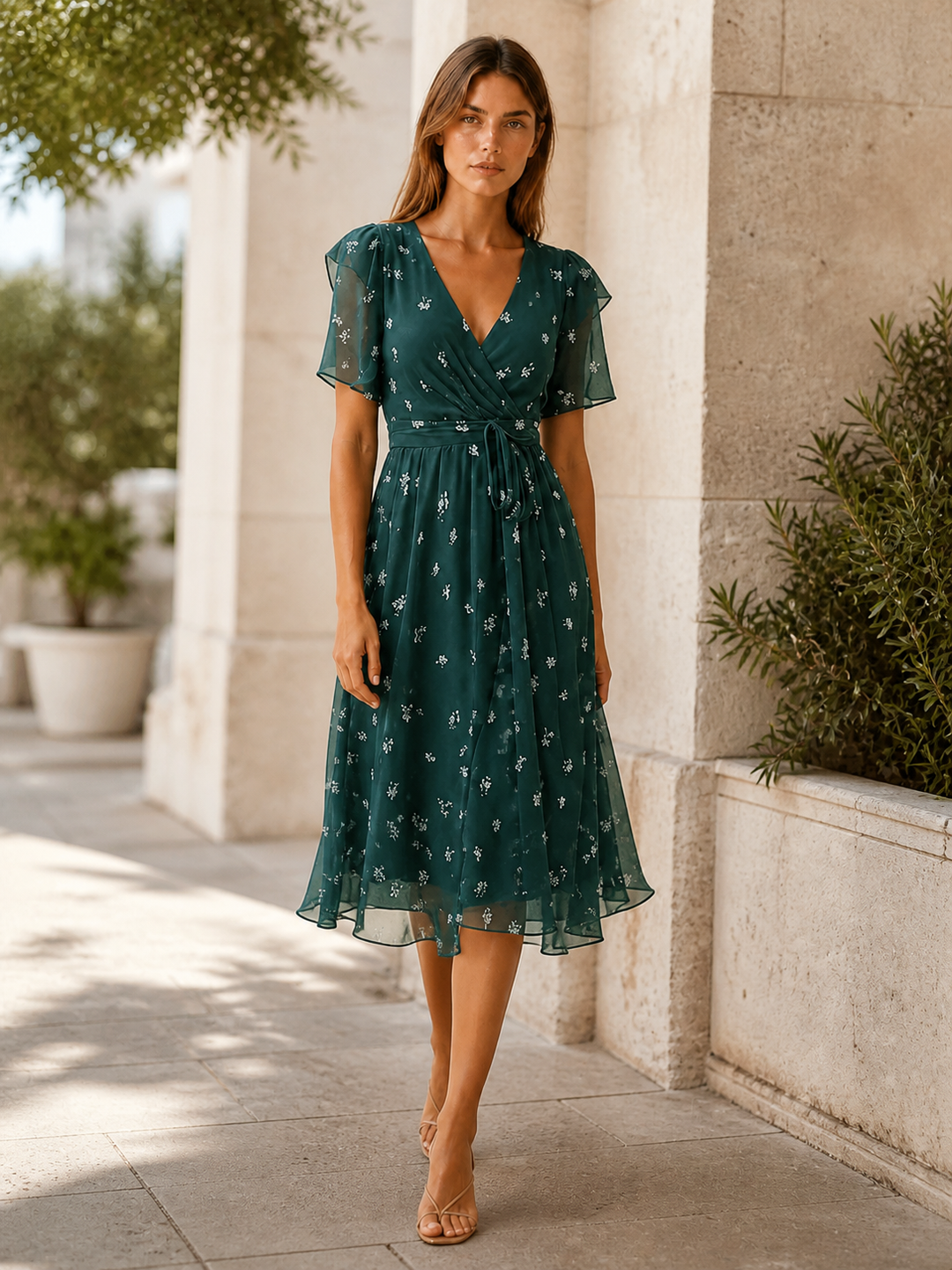Green Floral Midi Dress with Wrap Front – back view