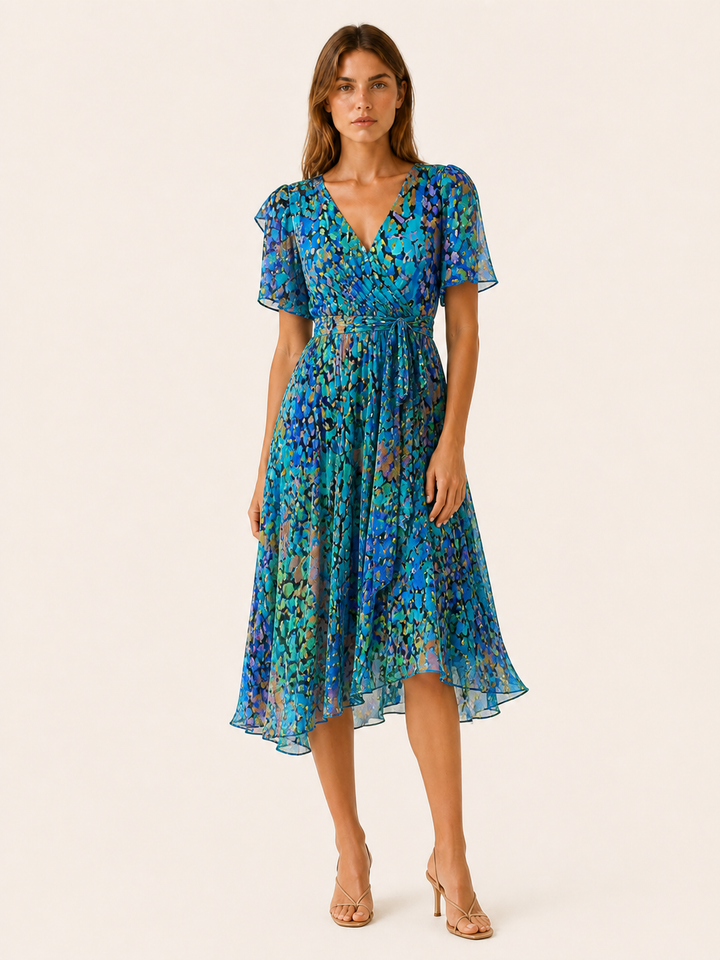Blue Floral Midi Dress with Wrap Front – detail view