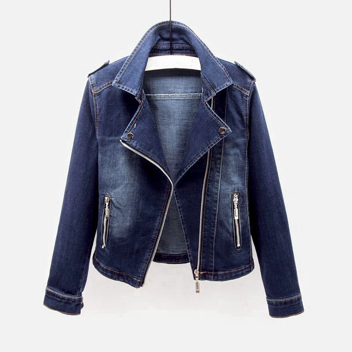 Fitted Zip-Front Denim Moto Jacket for Casual Style