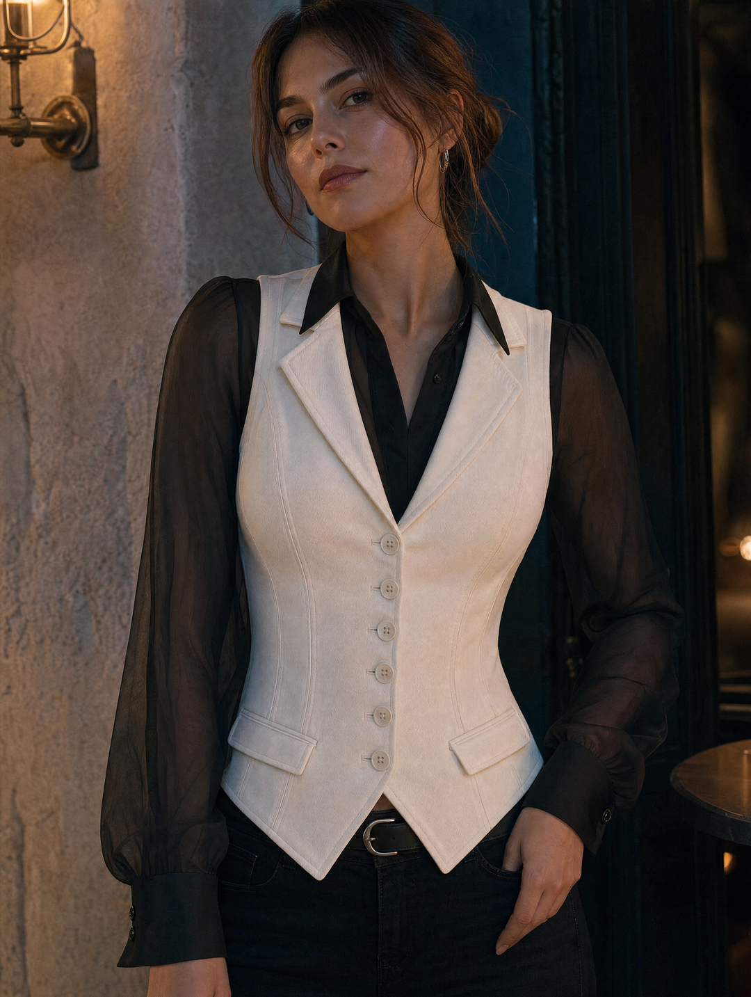 Retro Elegant White Denim Notched Lapel Tailored Corset Vest | Harry & Kate London