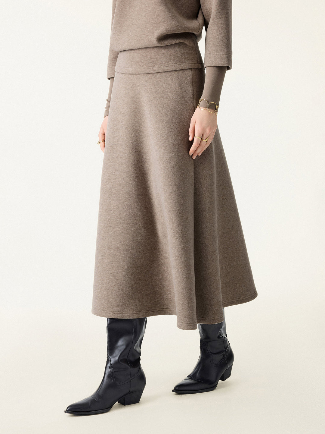 2Pcs Set FuzzLuxe Mockneck Sleeve-Warmer Top &  Midi A-line Circle Skirt