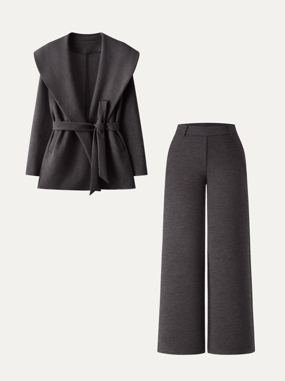 2Pcs Set Belted Shawl Collar Robe Jacket & Mid Rise Straight Pants with Pockets