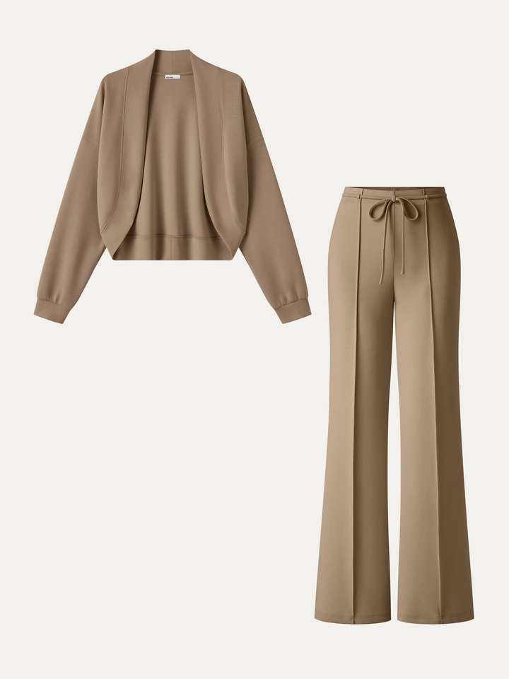 2Pcs Set Long Sleeve Drop-Shoulder Cardigan & High-Rise Flare Pants with Pockets