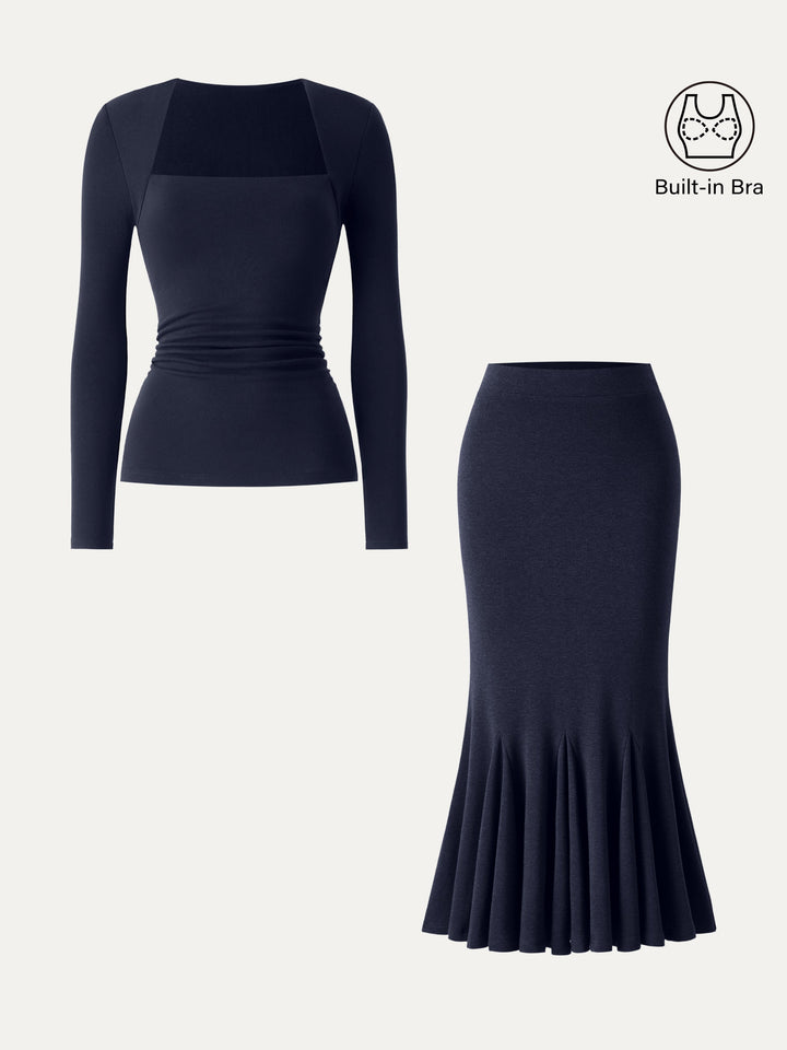 2Pcs Set ProWarm Trapeze Neck Ruched Built-In Bra Top 2.0 & High-Rise Mermaid Midi Skirt