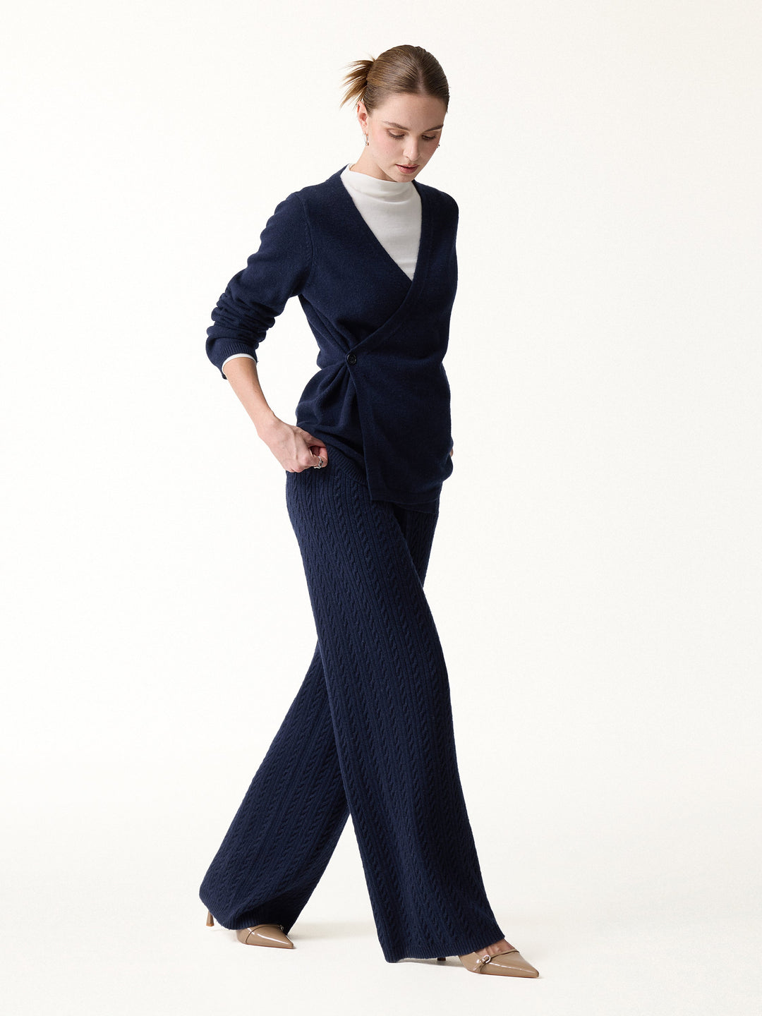 2Pcs Set V-Neck Long Sleeve Wrap Sweater & Cable-Knit Wide-Leg Pants with Pockets