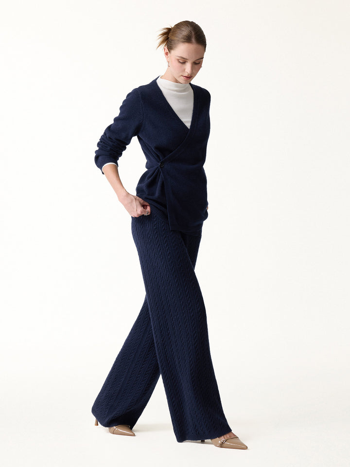 2Pcs Set V-Neck Long Sleeve Wrap Sweater & Cable-Knit Wide-Leg Pants with Pockets