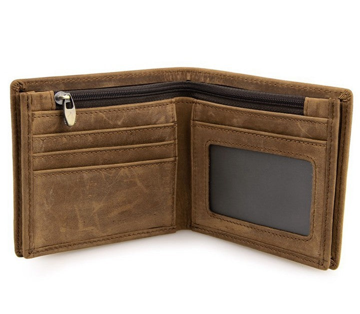 Close-up of the Retro wallet's leather grain and stitching