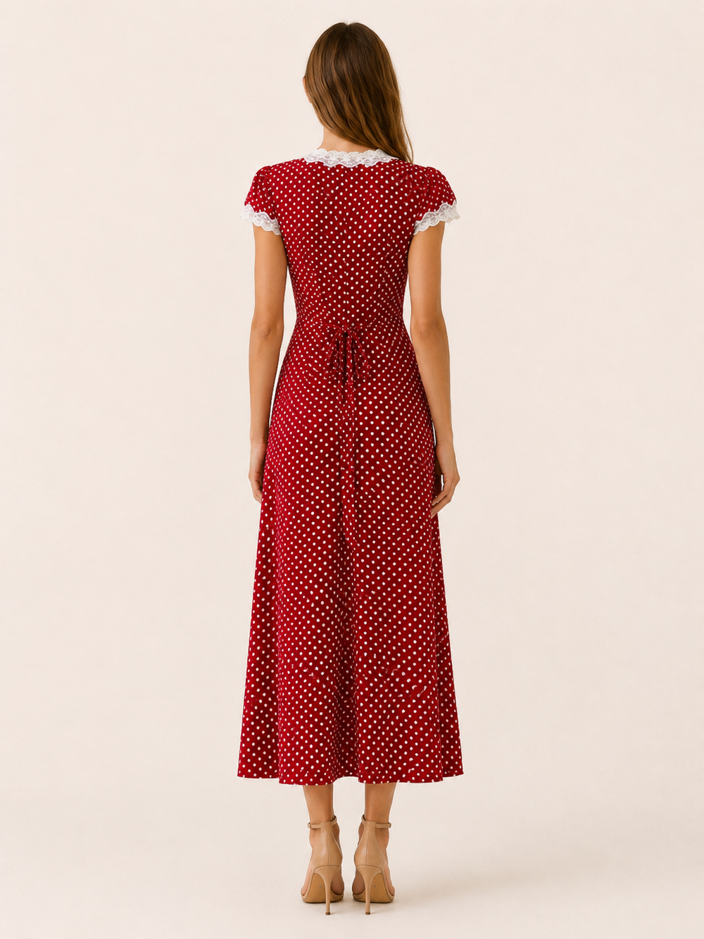 Red Polka Dot Maxi Dress with Lace Trim – side view