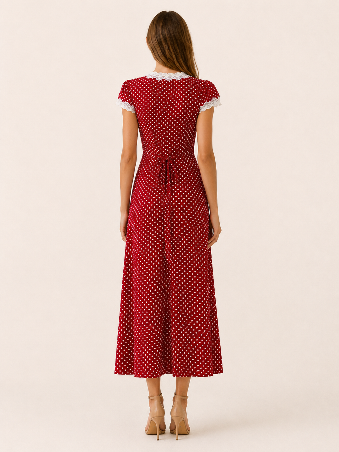 Red Polka Dot Maxi Dress with Lace Trim – side view