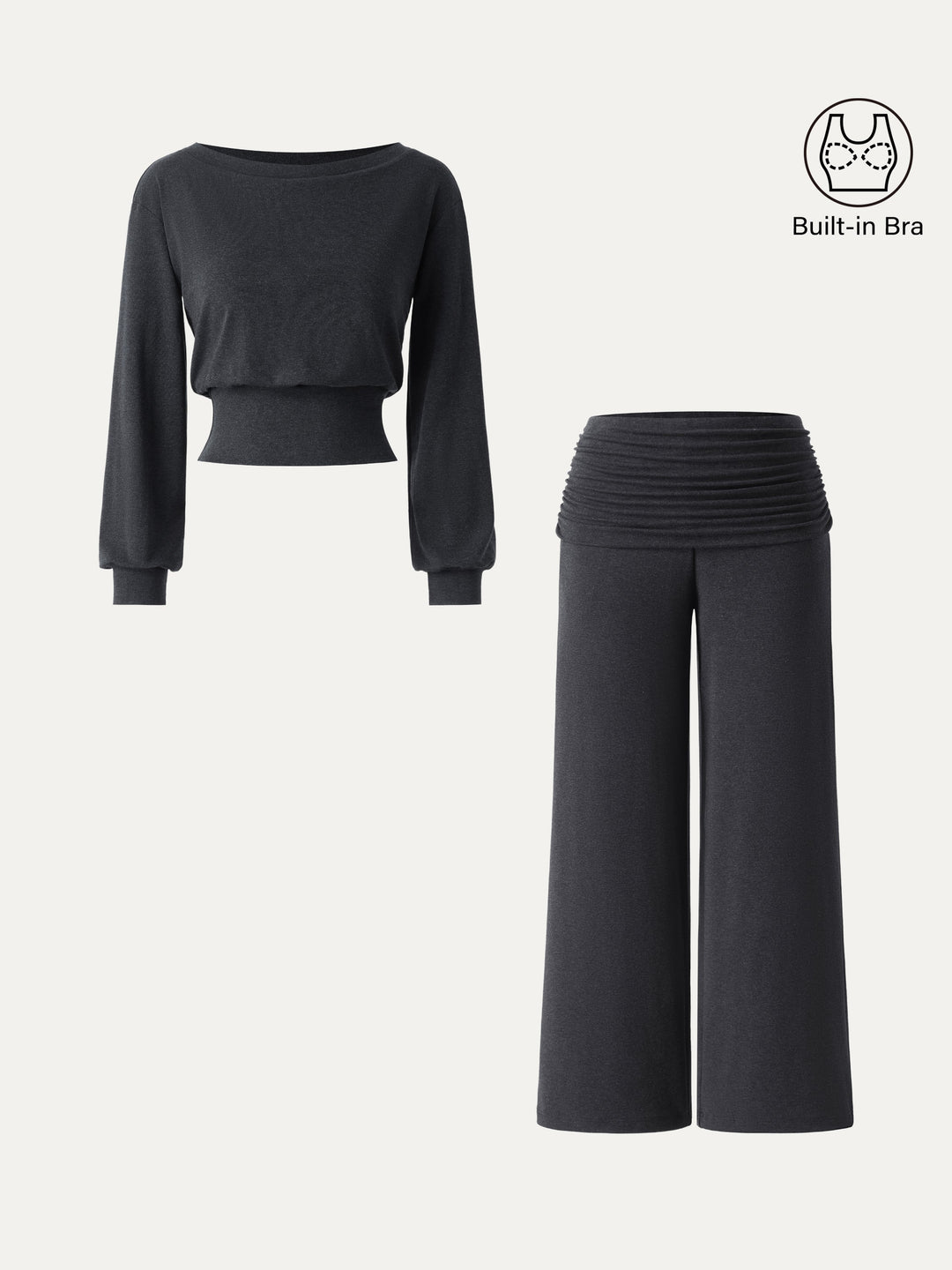 2Pcs Set Boatneck Built-In Bra Top 2.0 & Drapey Wide Leg Pull-on Pants with Pockets