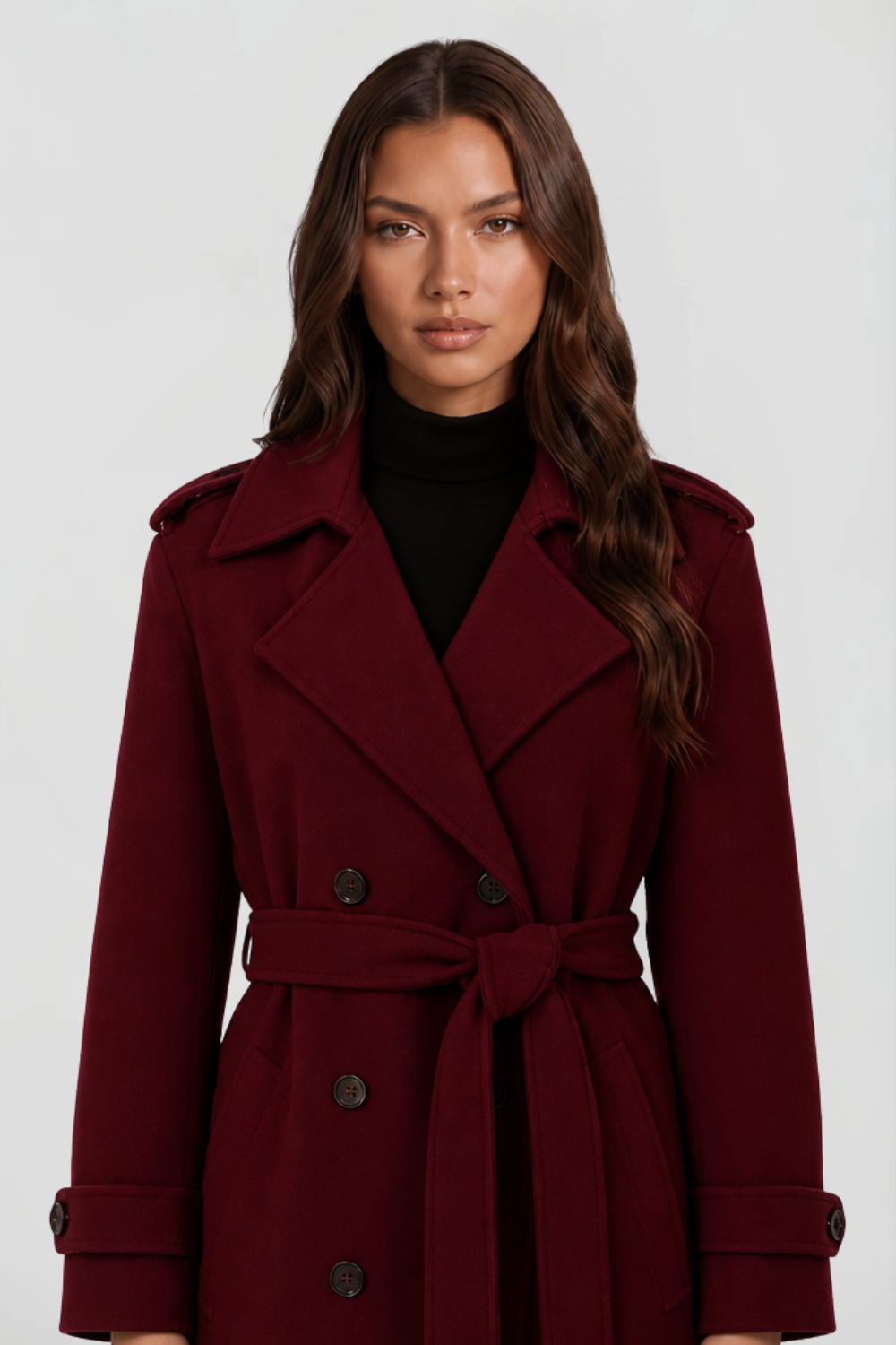 Close up of wine red double breasted wool coat showing wide notch lapel and tied belt