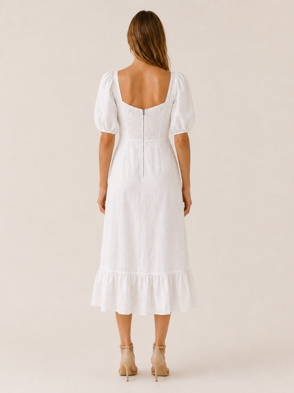 White Puff Sleeve Midi Dress with Split Hem – side view