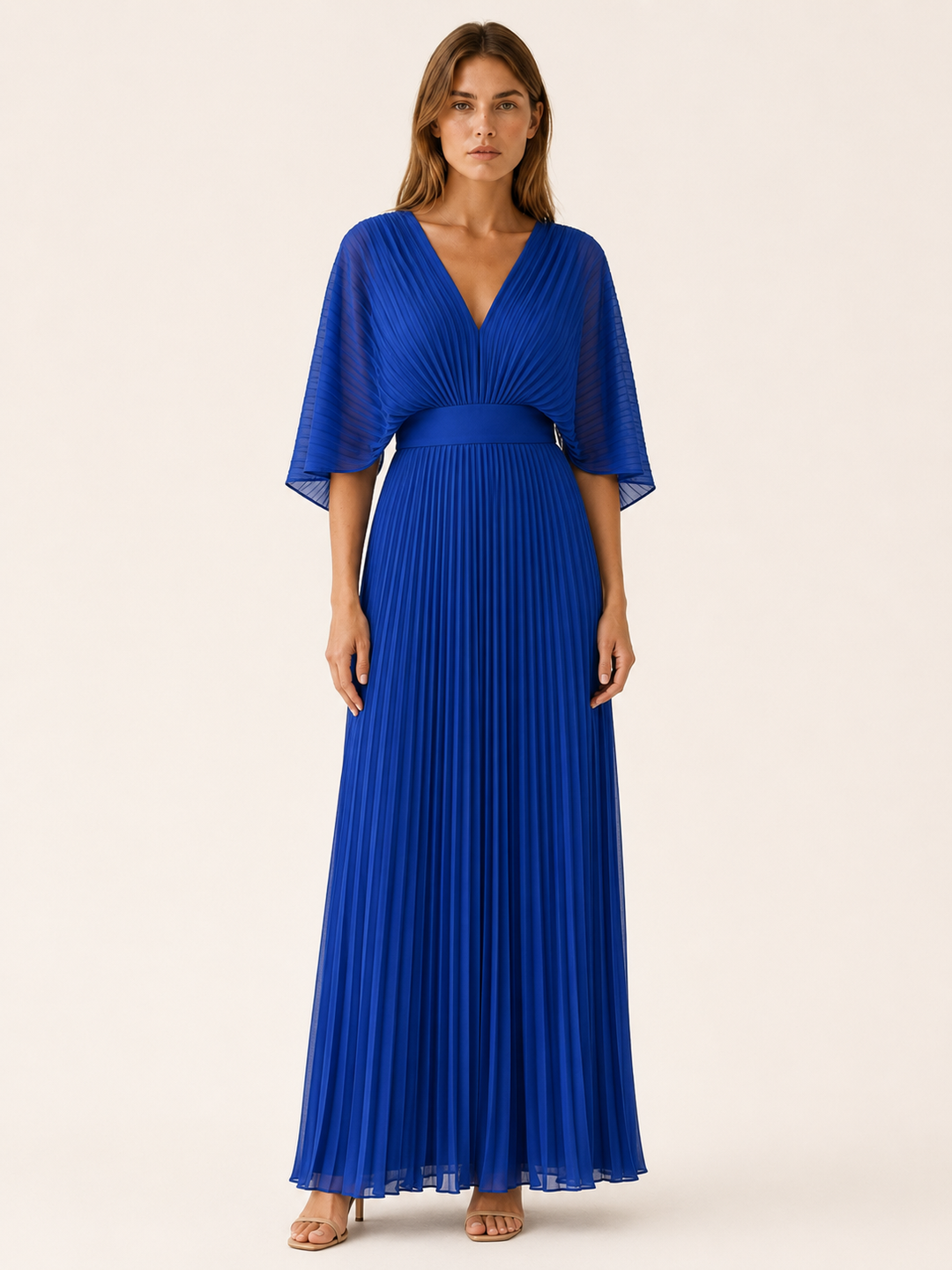 Blue Pleated Maxi Dress with V Neck – front view