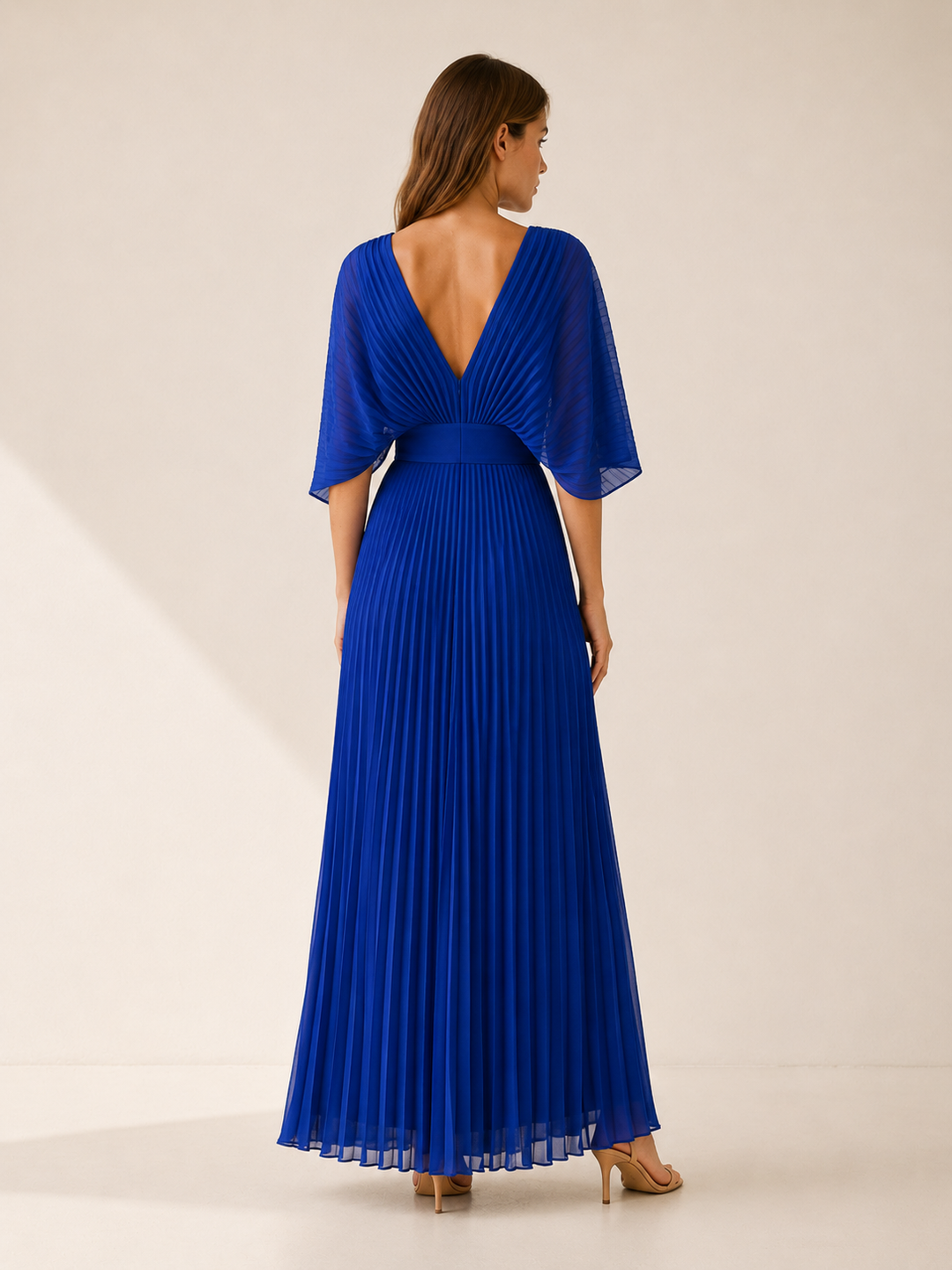 Blue Pleated Maxi Dress with V Neck – back view