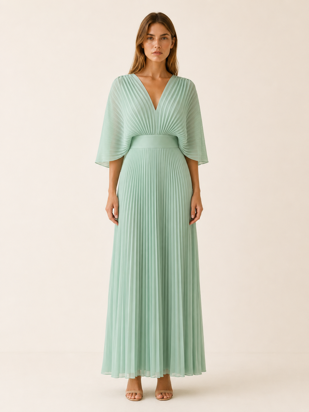 Blue Pleated Maxi Dress with V Neck – model view