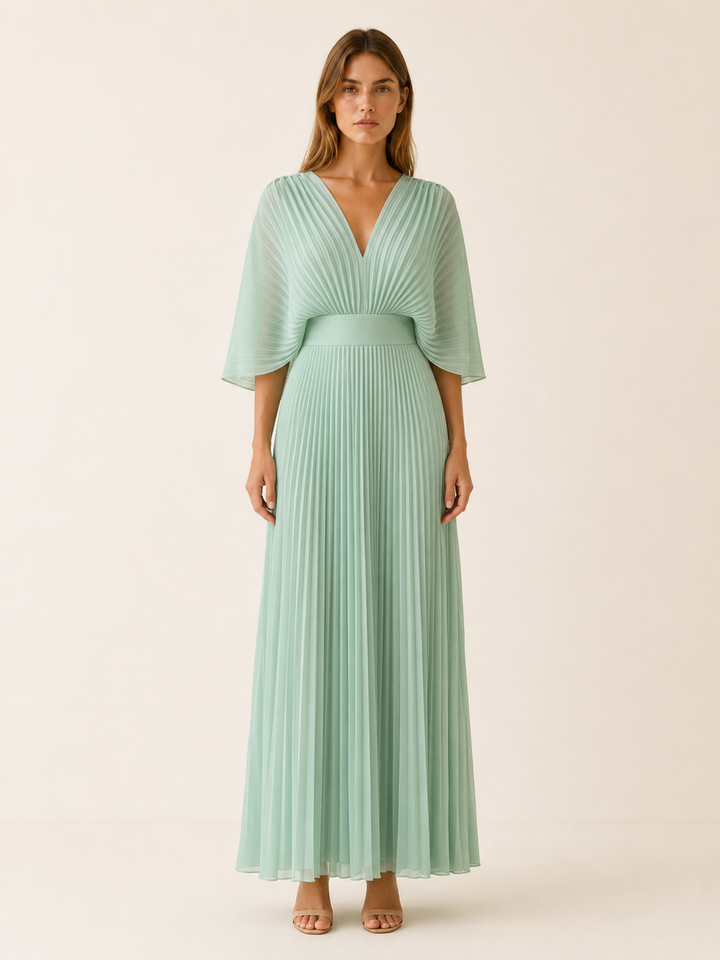 Blue Pleated Maxi Dress with V Neck – model view